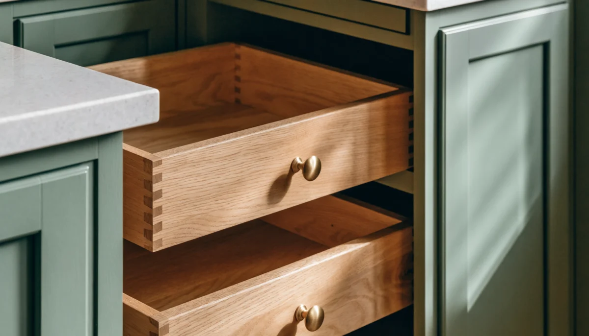 Sage green inset shaker custom kitchen cabinets with white oak dovetail drawers and brass knobs