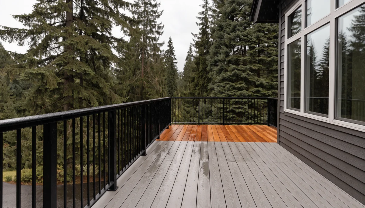 Gray composite deck with black aluminum railings next to a cedar section on a Pacific Northwest home