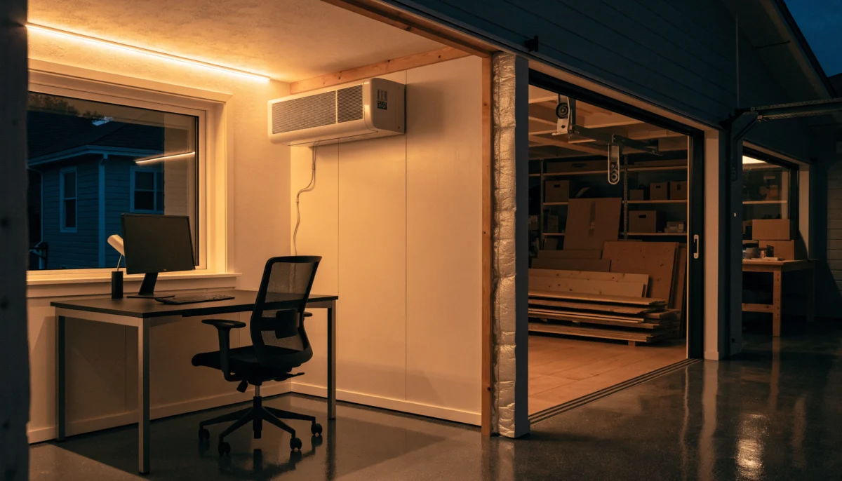 Home office built in half of a garage with an insulated partition wall, desk, window and ductless heat pump