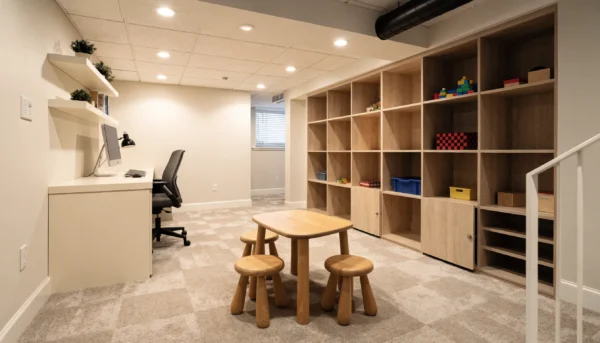 Finished basement playroom and home office corner with a built-in desk and toy storage cubbies