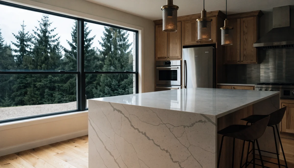 Remodeled Bellevue kitchen with white oak cabinets, quartz waterfall island and brass pendant lights