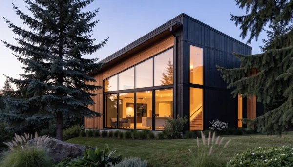 New modern Northwest custom home in Bellevue with dark siding, cedar accents and lit windows at dusk