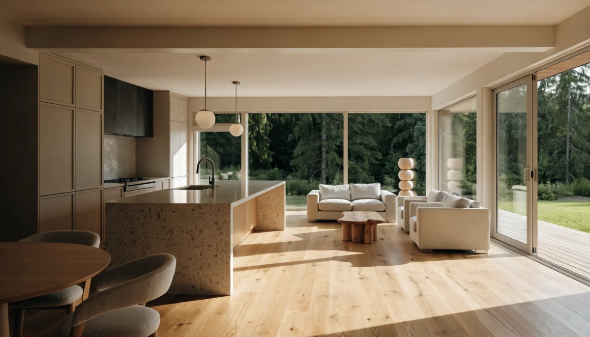 Open-concept kitchen with a flush ceiling beam and waterfall island opening to the living room