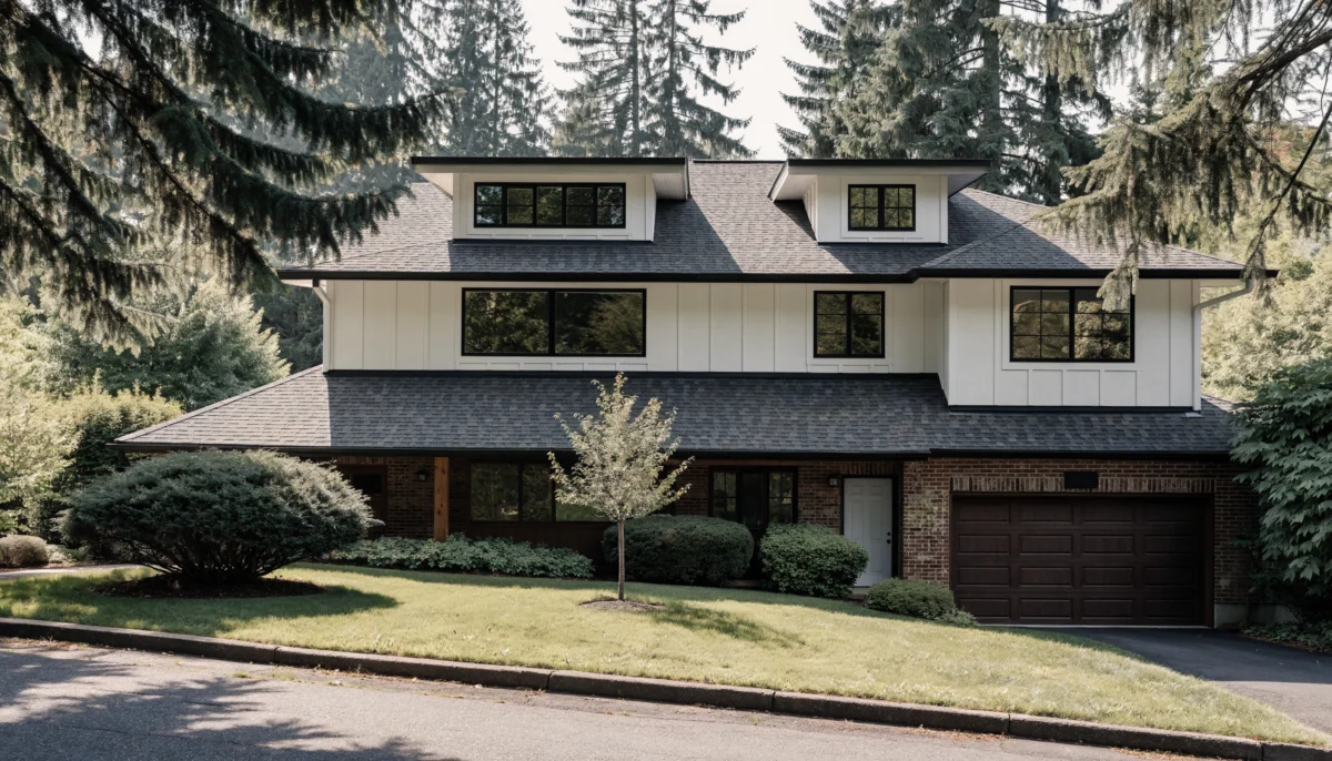 1960s split-level home in Kirkland, WA with a new second-story addition in white board-and-batten siding