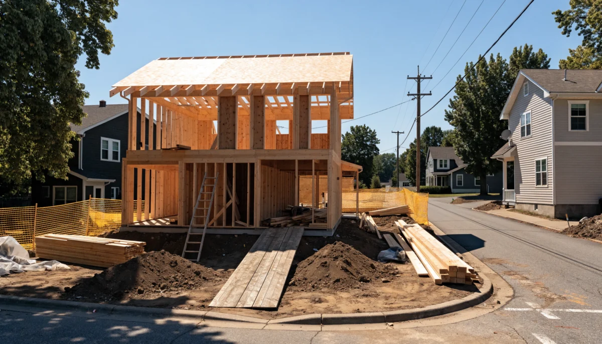 New two-story house framed and sheathed on a teardown lot in an established Bellevue neighborhood